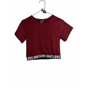 lemite womens juniors red short sleeve crop top love shirt size large XL